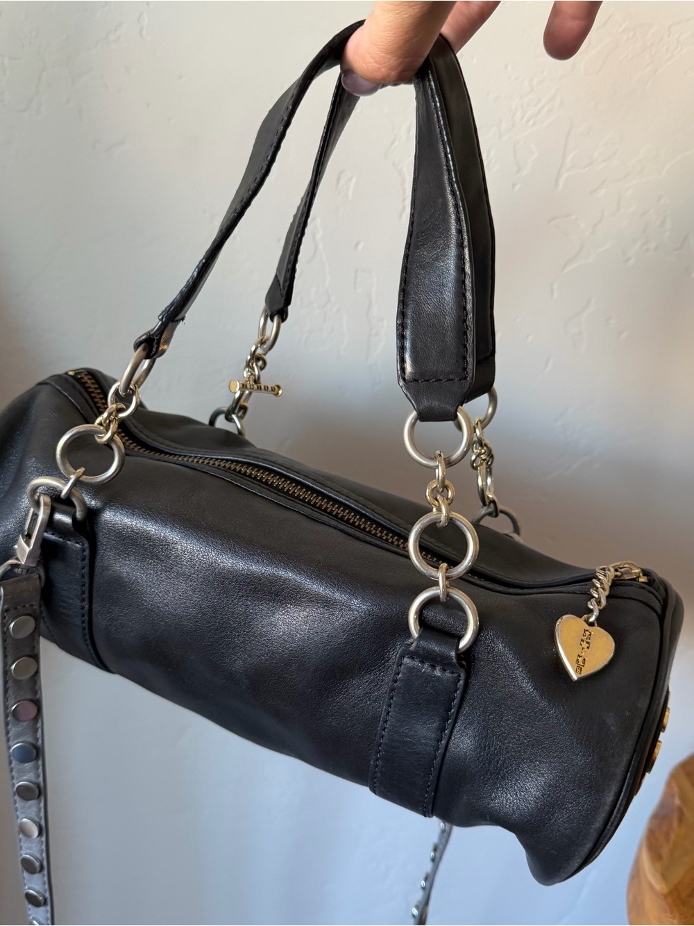 Juicy Couture Barrel Bag Black Leather Purse crossbody bag Y2K Grunge Punk Goth